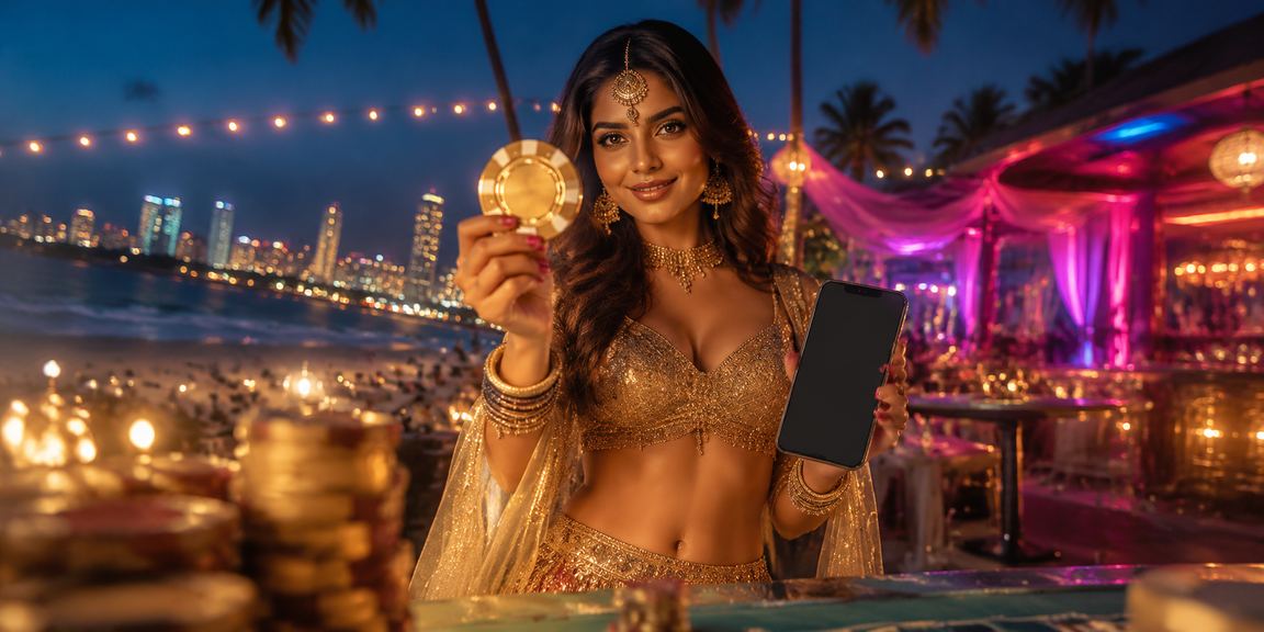 Happy Indian woman registering mobile betting account